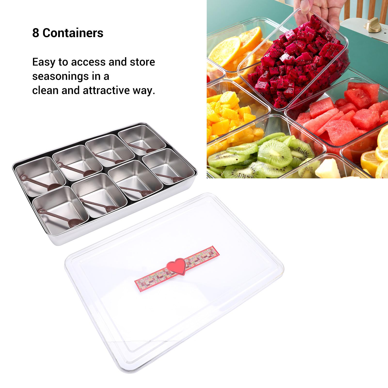 Ejoyous Bar Fruit Caddy, 8 Grid Dessert Topping Caddy Pizza Topping Station Organizador de Condimentos Caja de Ensalada Tacco Bandeja con Cuchara, para Estación de Bocadillos (Estilo de acero