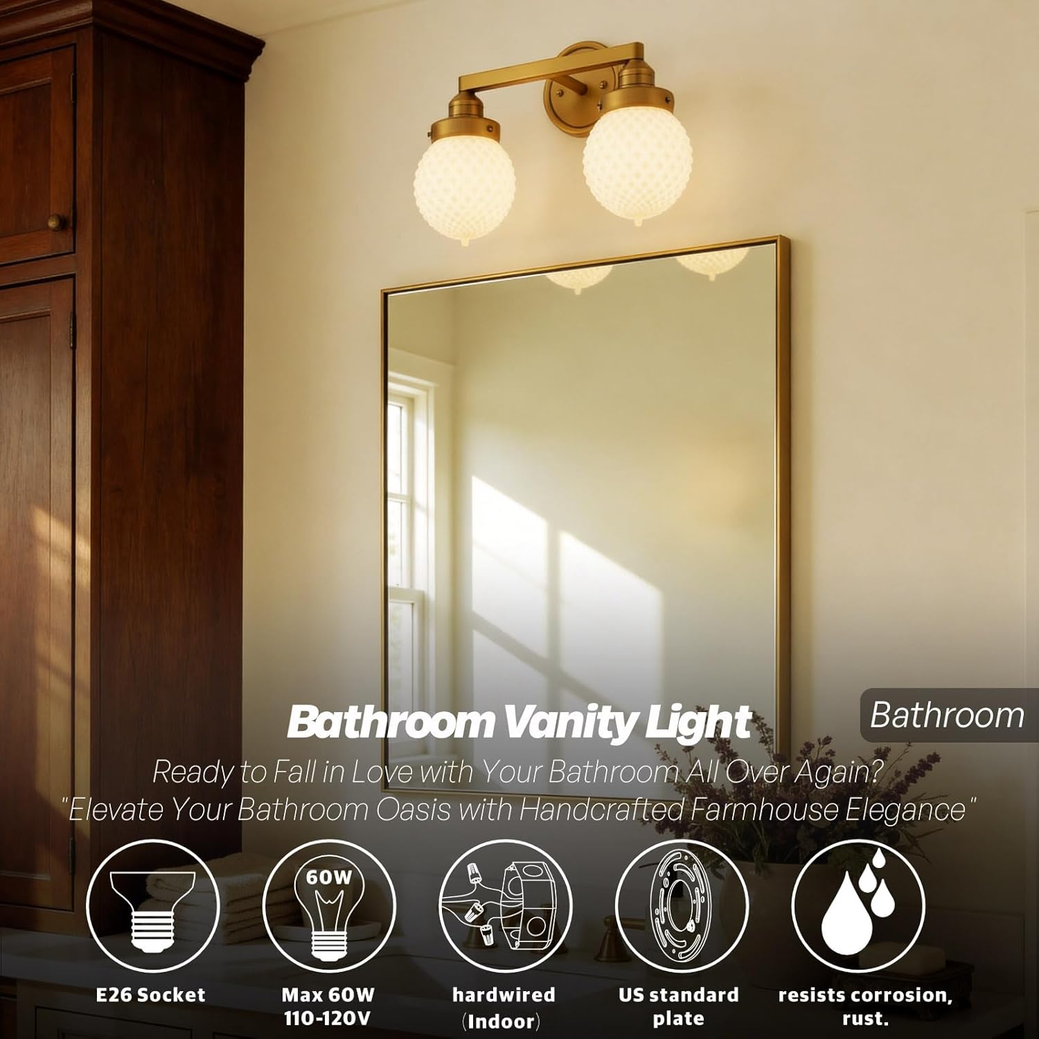 Vintage Gold 2-Light Milk Glass Wall Sconce, Bathroom Vanity Light Fixtures, Damp Rated Hardwired Double Sconce for a Designer Touch in Any Room.