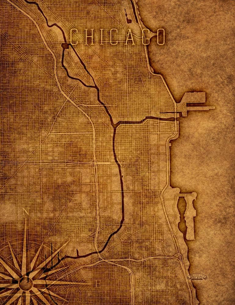 Chicago River Wrapped Canvas Map Art (Nightmode, 23x30)