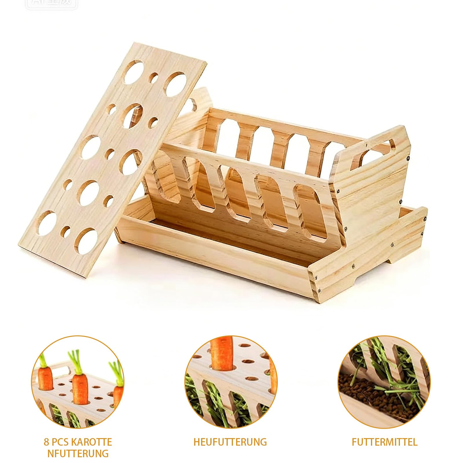 Hölzern Heuraufe für Kaninchen 30x20,5x18cm Futterraufe mit Karottenhalter, Heu-Futterstation für Kaninchen, Futterständer Mit Großem Fassungsvermögen, für Meerschweinchen, Hasen, Hamster