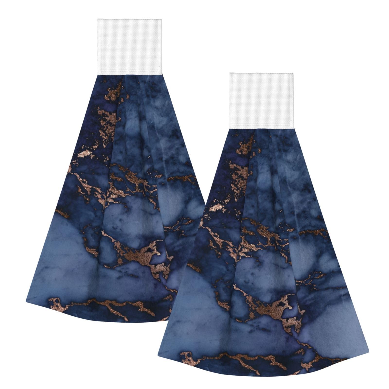 DOPKLNA Navy Blue & Faux Copper Marble Pattern, 2 Pcs Hanging Coral Fiber Hand Towels for Bathroom, Absorbent Kitchen Towels