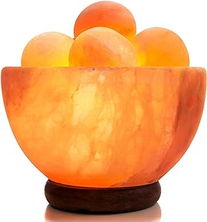 Himalayan Salt Lamp Bowl with 6 Pink Salt Massage Balls, Modern Wood Base, Bulb and Dimmable Cord, Natural Rock Salt Lamps with Stones, Unique Home Decor, Zen Gifts, Spa & Meditation Accessories