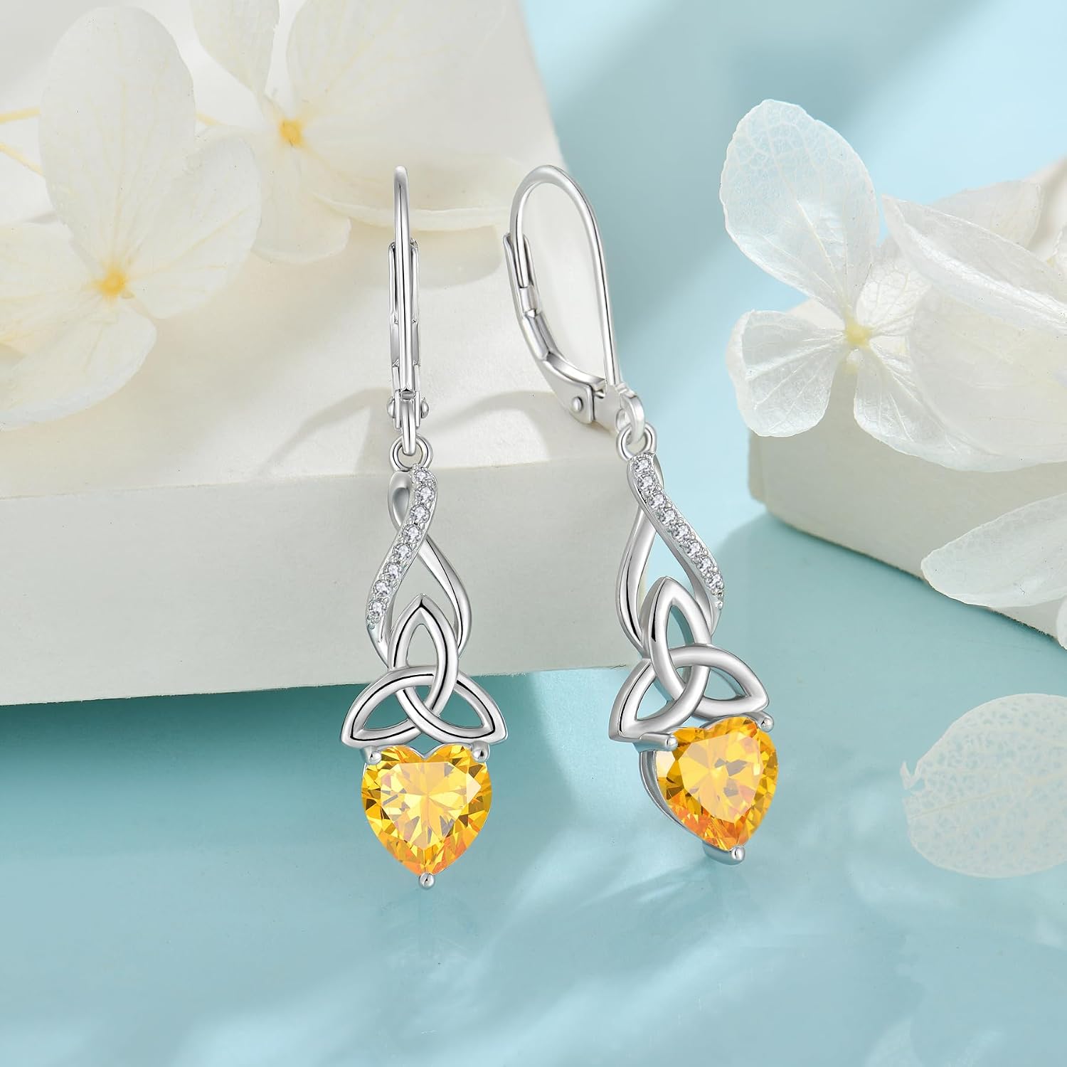 Infinity Celtic Knot Jewelry Set for Women 925 Sterling Silver Irish Necklace Citrine Dangle Drop Leverback Earrings November Birthstone Jewelry for Mom