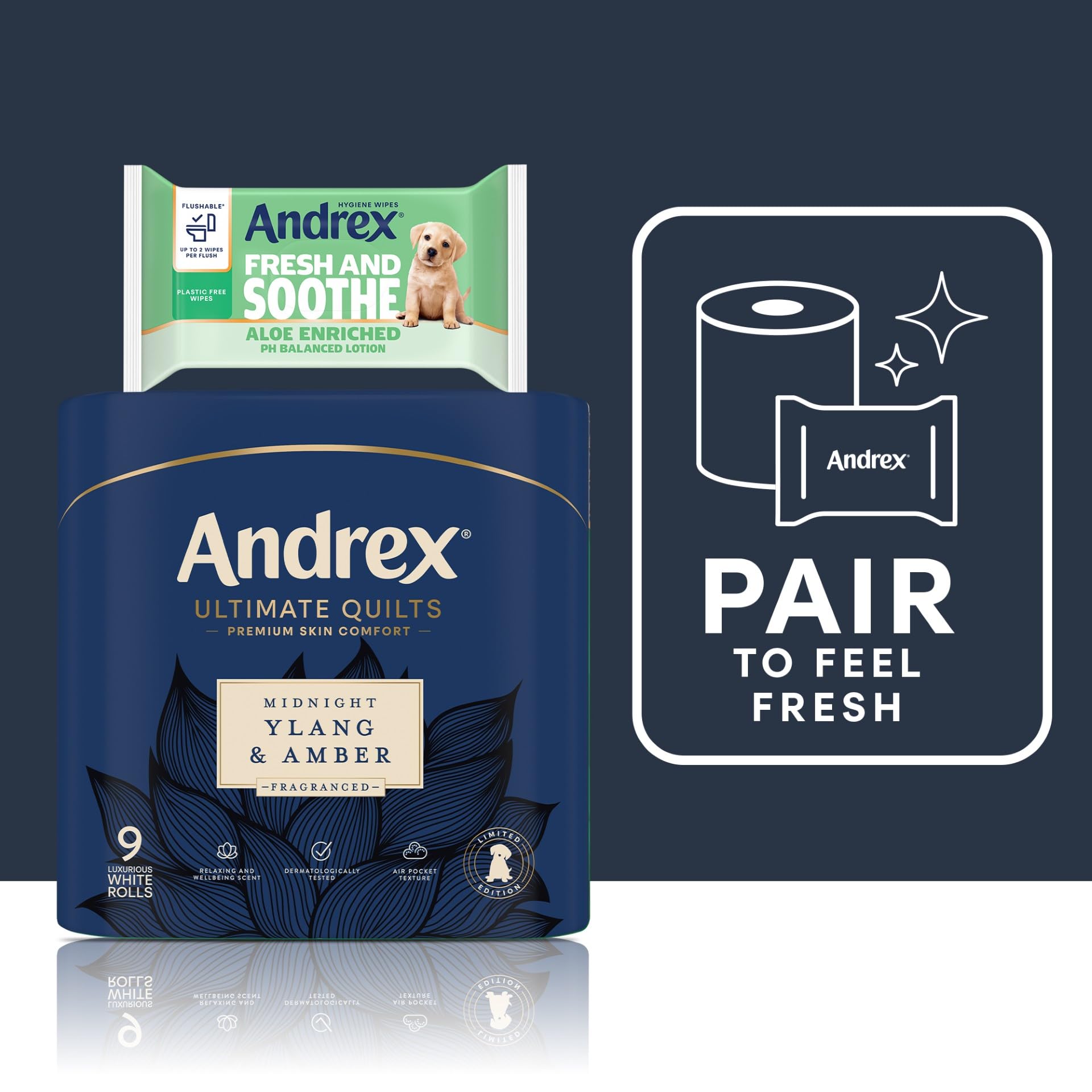 Andrex Ultimate Quilts - Carta igienica da 36 rotoli con fragranza Midnight Ylang e ambra, tecnologia Air Pocket per lenzuola morbide e spesse, confezione da 36 rotoli di carta igienica trapuntata