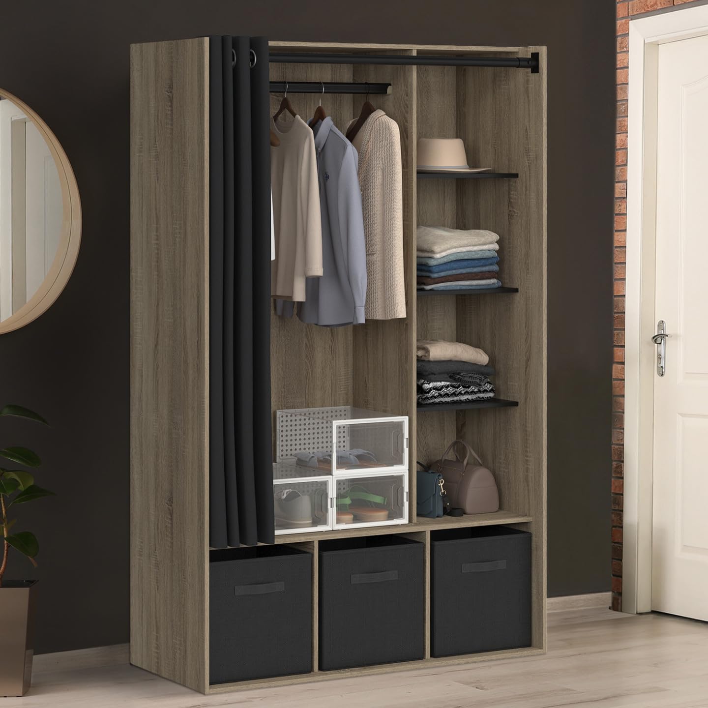 IDMarket - Dressing penderie Diane 105 x 50 x 172 cm hêtre avec étagères + boites de Rangement + Rideau Noir