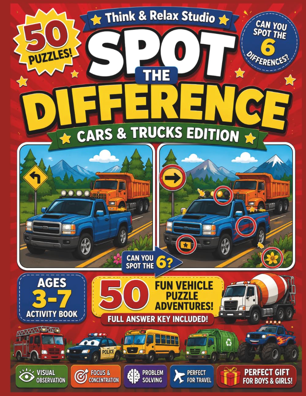 Spot the Difference: Cars and Trucks Activity Book for Kids Ages 3-7: 50 Fun Vehicle Puzzles | Race Cars, Fire Engines, Monster Trucks and More | Find the Difference Game for Boys and Girls
