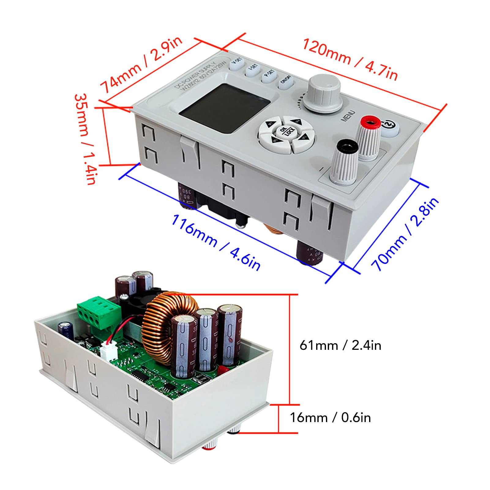 DC-stabilisiertes Netzteilmodul, Einstellbar, Hoher Wirkungsgrad, 60 V, 12 A, für Heimwerkerprojekte und LED-Beleuchtung, ABS, Rotes Kupfer