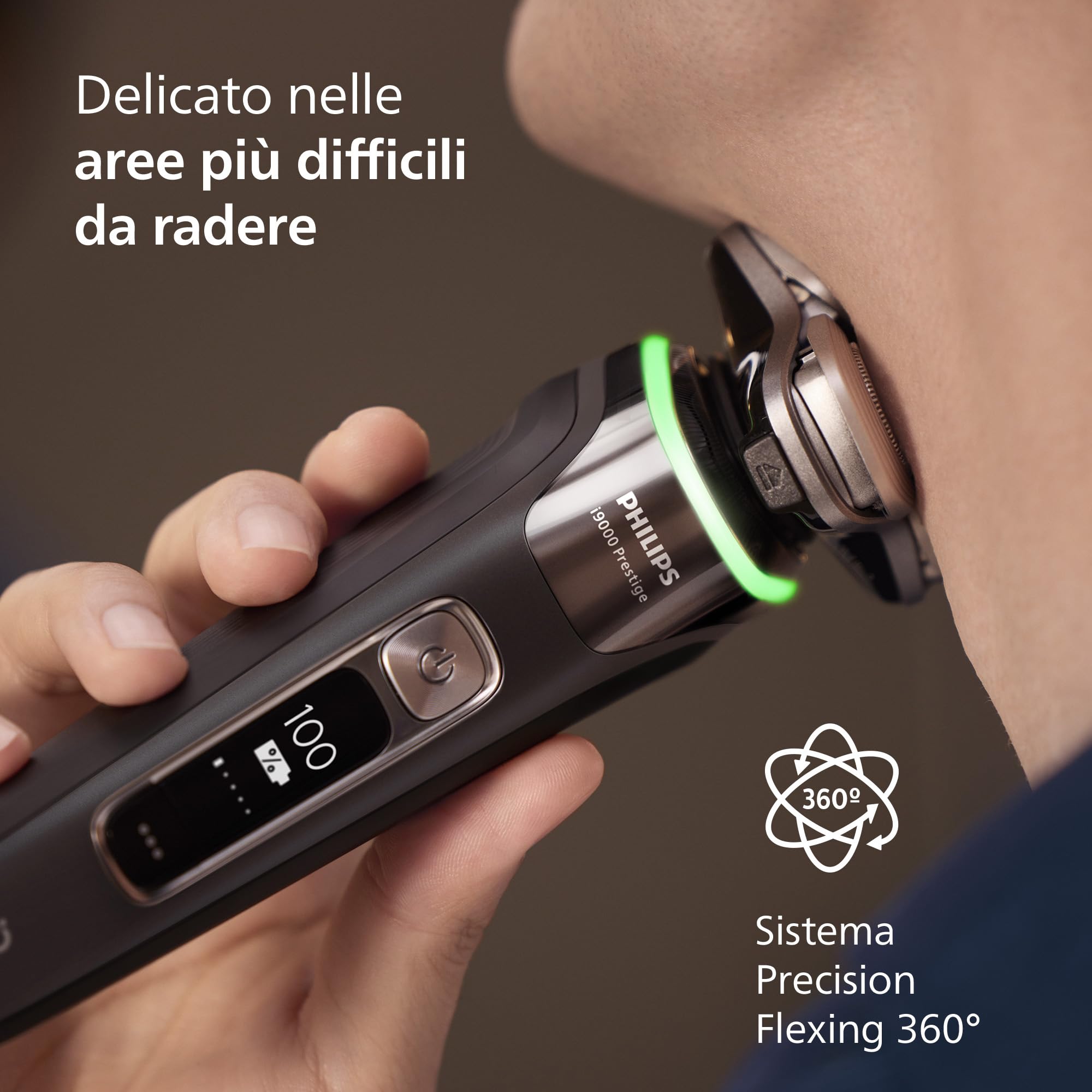Philips Shaver i9000 Prestige, rasoio elettrico Wet & Dry, tecnologia Skin IQ, triplo sistema Lift & Cut, doppie lame in acciaio di precisione 360º, pod per pulizia rapida, modello XP9207/30