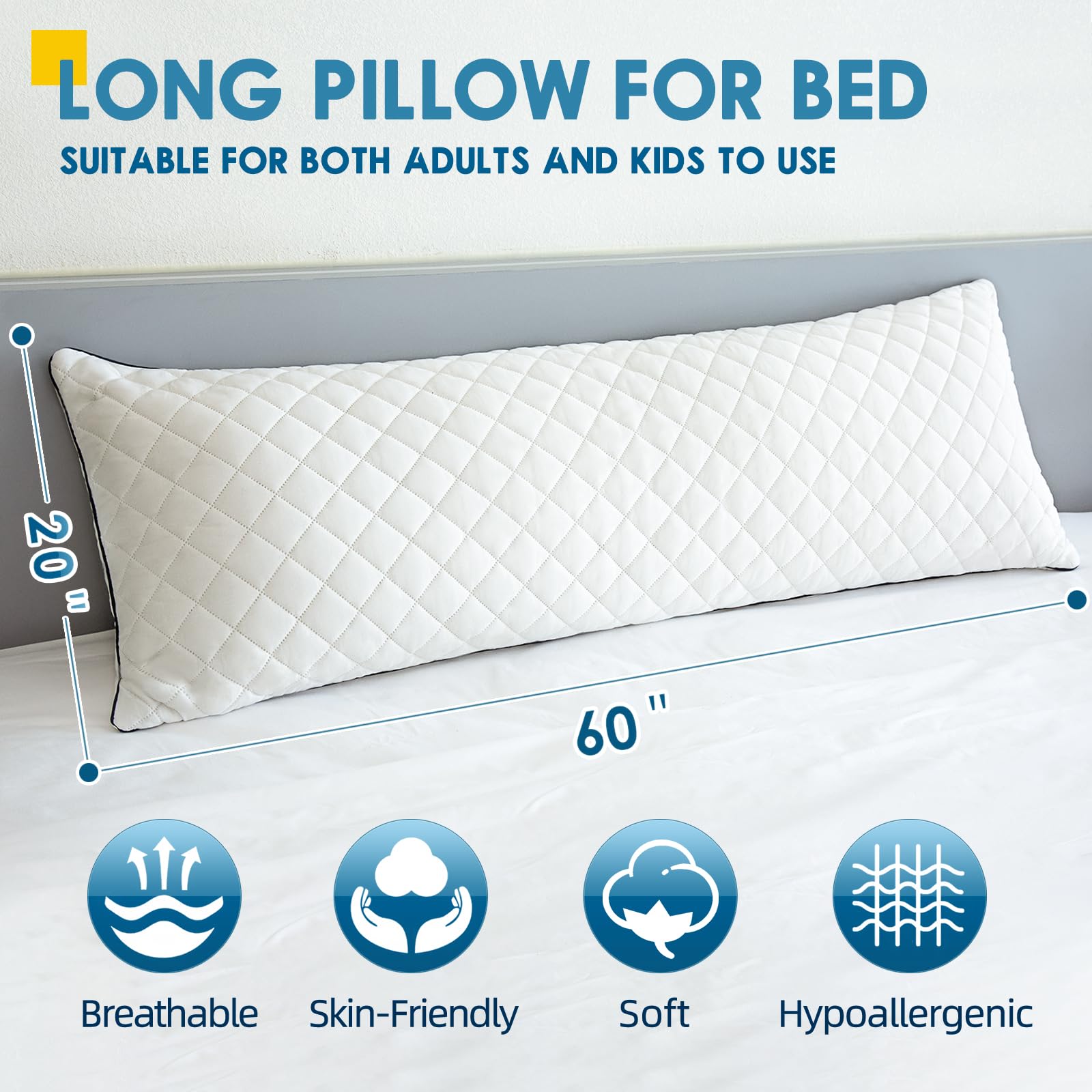 Cuscino per il corpo per adulti, cuscino lungo in memory foam, 50 x 152 cm, supporto completo per chi dorme di lato, bianco