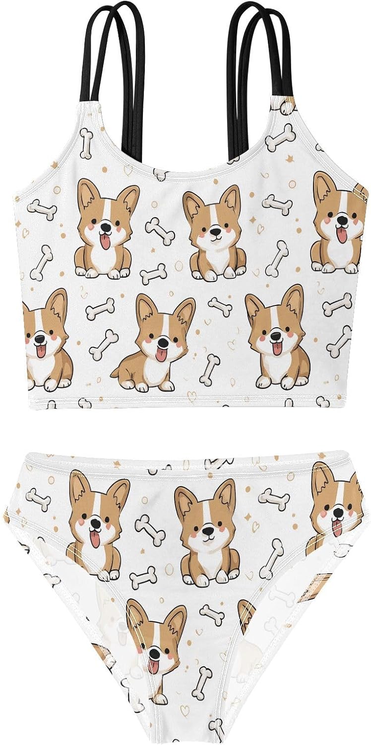 visesunny Girls Two Piece Swimsuits Cute Corgi Dog Pattern Girl's Bikini Sets Bathing Suits for Girls Size 5-12Y