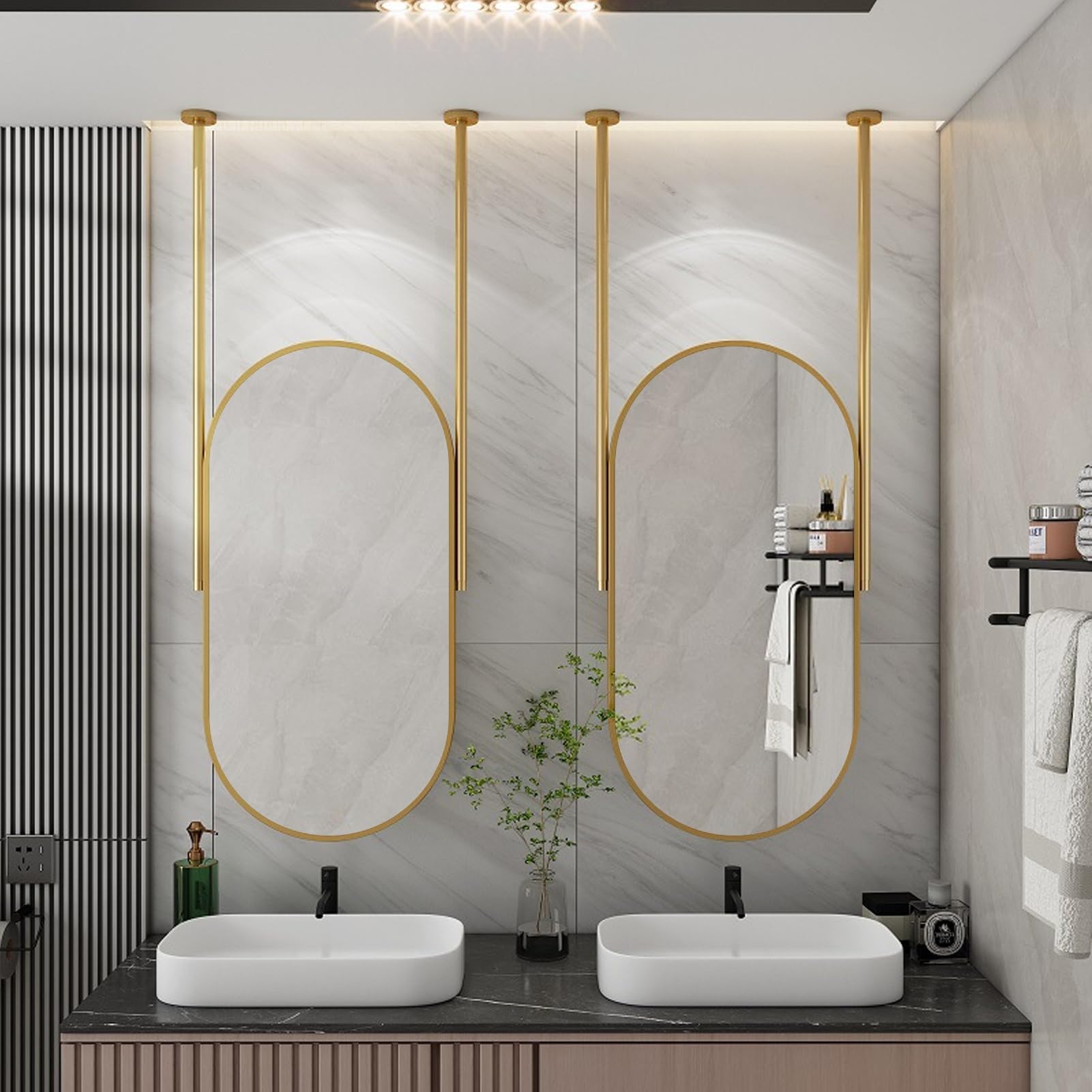 GLJTUO Ceiling Hanging Rod Mirror, Modern Bathroom Mirror Home or Hotel Anti-Fog Wall Makeup Floating Gold Metal Framed Decorative Suspended,size_name-40cmx70cm
