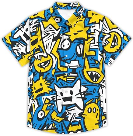 Boys Hawaiian Shirt Button Down Shirt Short Sleeve Cartoon Print Hawaiian Beach Shirt for Kids