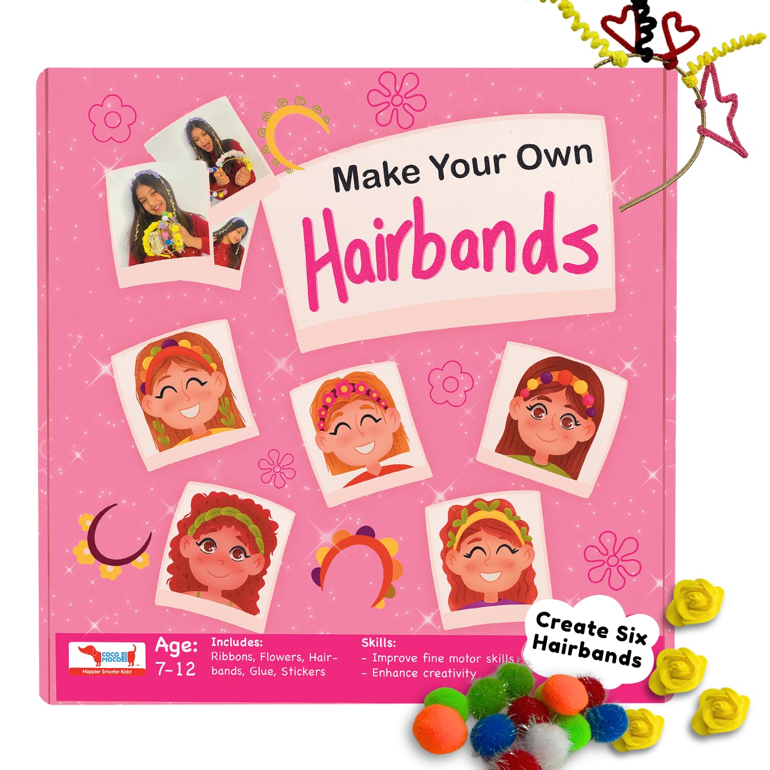 CocoMoco Kids Make Your Own Hairbands DIY Art and Craft Kit for Girls, Create Six Hair bands Activity Kit, Birthday Return Gifts for Girls Ages 5 to 7 years, 6 to12 years (Pack of 3)
