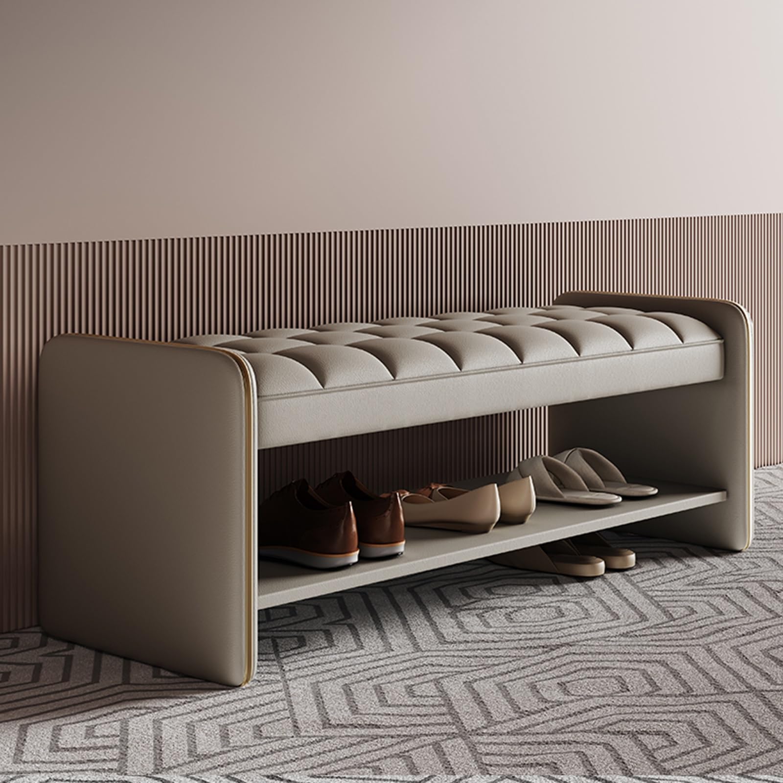 Banc d'entrée rembourré gris 100cm avec rangement à chaussures en bois
