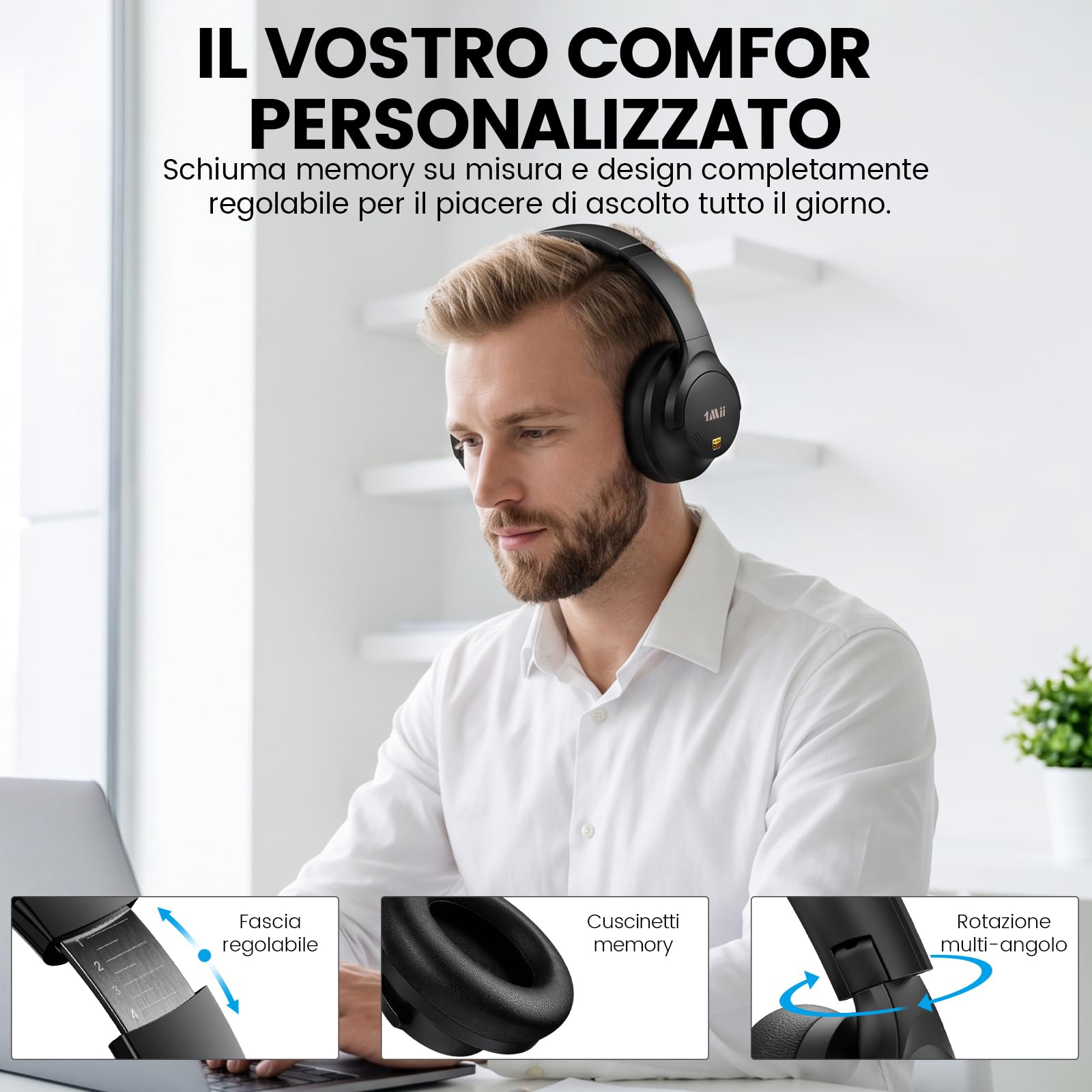 1Mii Y8+ Cuffie Bluetooth 6.0 Over-Ear con Cancellazione Rumore, Nero | ANC Ibrida, 100 h di Autonomia, LDAC Wireless Hi-Res Audio e bassi potenti, EQ Personalizzabile con App, Comfortevoli