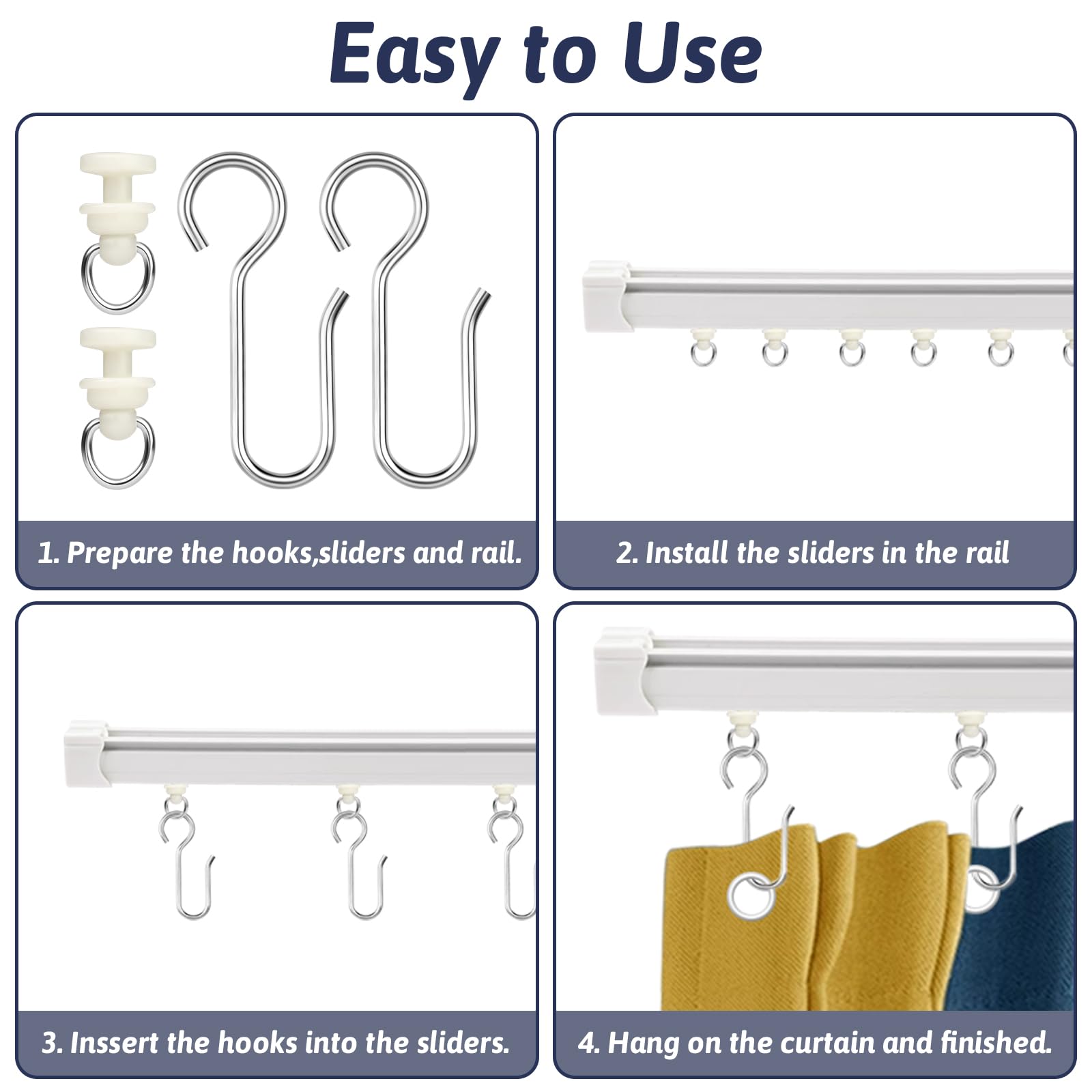 Jeffdad 50 Set Gardinenhaken Gleiter, Gardinenröllchen Curtain Hooks für Schiene für Standardschienen Vorhangschiene Duschvorhangstange Gardinen Schienensystem(50 Gleiter mit 50 Metall Vorhang Haken)