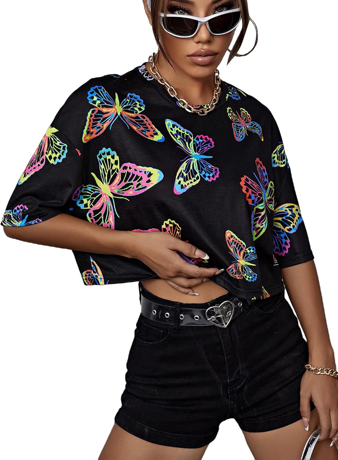 Floerns Women's Casual Reflective Short Sleeve Round Neck Crop Tops T Shirts