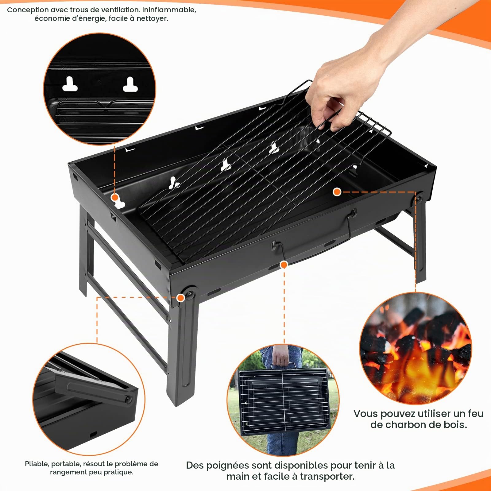 AGM Barbecue Charbon de Bois, 520x295x222 mm, BBQ Grill Démontable | Pliable | Portable | BBQ Charbon de Table en Acier pour Pique-Nique, Voyage, Jardin, Camping