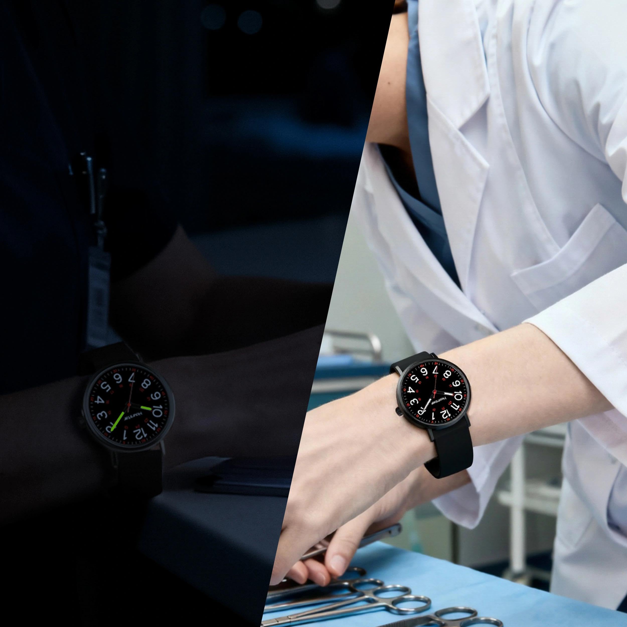 Reloj analógico de enfermera para mujer con segunda mano para enfermería, 12/24 horas, correa de silicona, fácil lectura (negro)