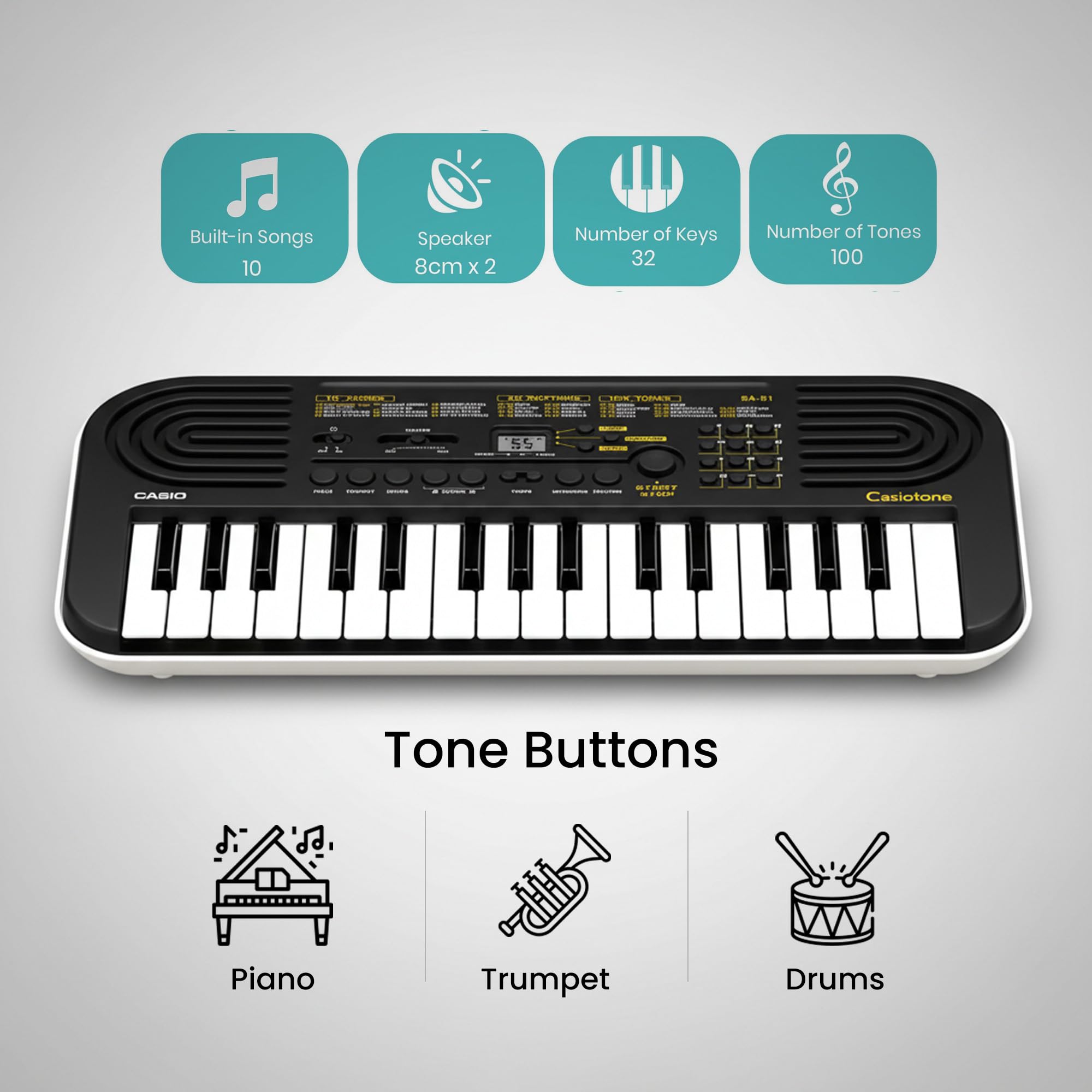 Casio Casiotone SA - Mini tastiera a 32 tasti, con adesivi e panno per la pulizia Austin Bazaar