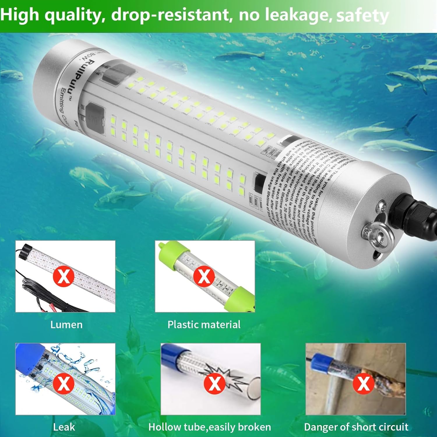 Underwater Fishing Light, 80W 9600lm Super Bright, 12V-24V LED Submersible Lamp Attractants for Docks Boats Kayaks, IP68 Rated for Fresh & Salt Water (80W 9600lm Green Light 26ft Cable)