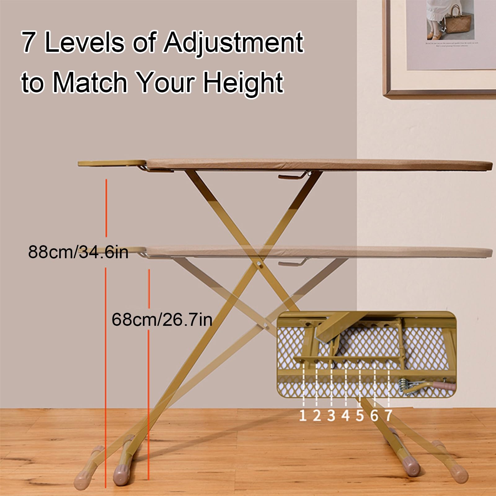 Tabla de Planchar de 7 Alturas Ajustable con Soporte para Plancha, Mesa Planchar Plegable con Soporte para Mangas, Ironing Board de Pie para Hogar y Lavadero(Brown)