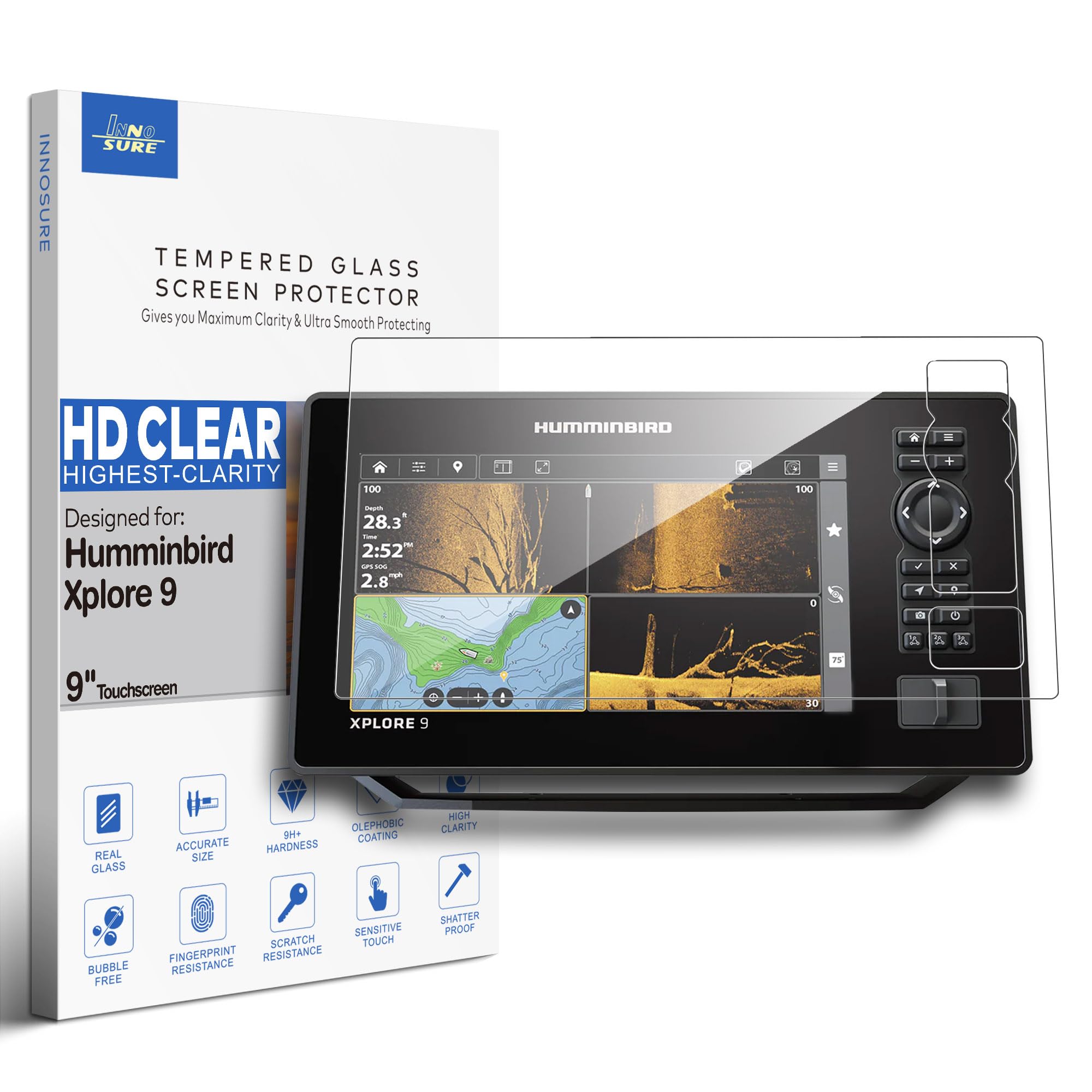 Photo 1 of INNOSURE Premium Tempered Glass Screen Protector designed for Humminbird Xplore 9-9" Touchscreen Anti Fingerprint/Scratch (HD Clear)