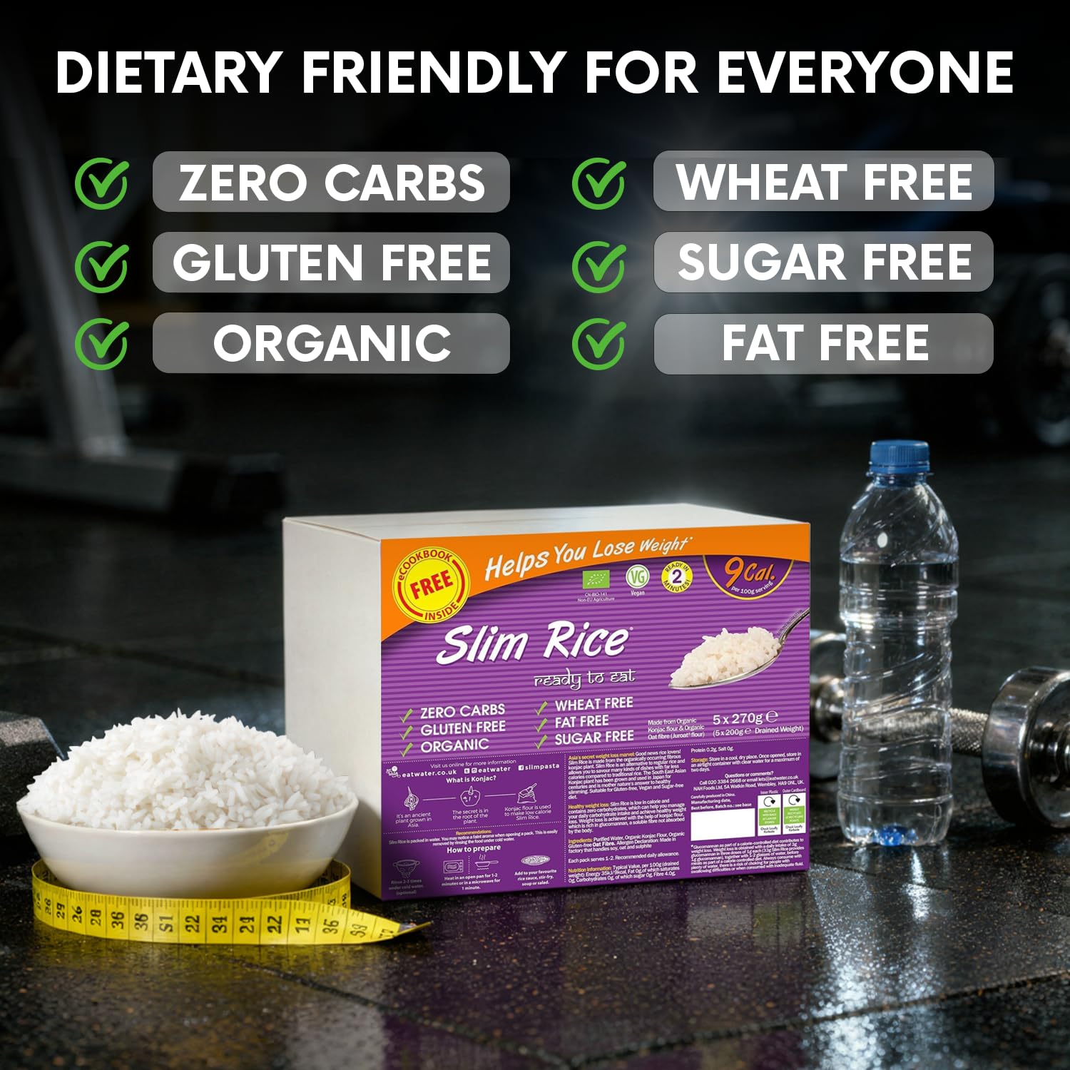 Eat Water Slim Rice 270g Enviro Confezione da 5 - Prodotto con farina Konjac biologica, dieta Keto Paleo e alimenti vegani, dieta a basso contenuto di carboidrati e ipocalorica | Cibo senza zuccheri
