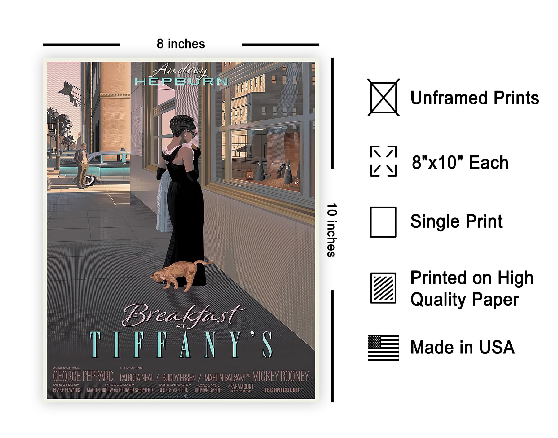 Poster Master Breakfast at Tiffany's Movie Poster - Audrey Hepburn Print - Fashion Art - Gift for Men, Women & Fan - Classic Decor for Home Theater, Bedroom, Office or Studio - 8x10 UNFRAMED Wall Art