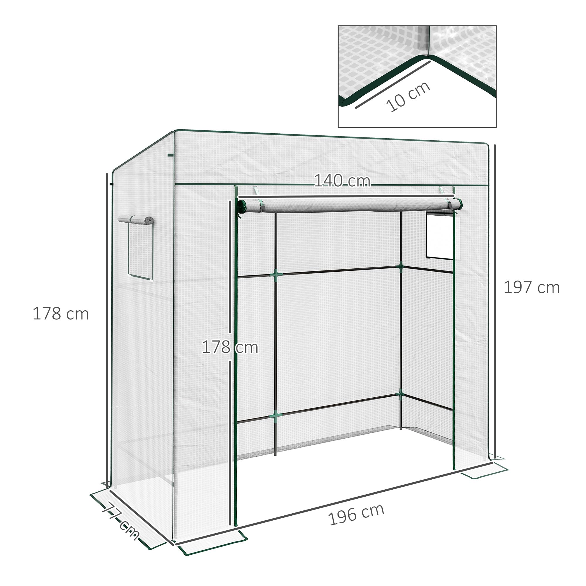 Outsunny Serre de Jardin PE, Serre de Balcon, bâche renforcée 140 g/m², châssis en Acier, Porte zippée Enroulable, 2 fenêtres, pour légumes Plantes Fleurs, intérieur et extérieur, 196x77x197cm, Blanc