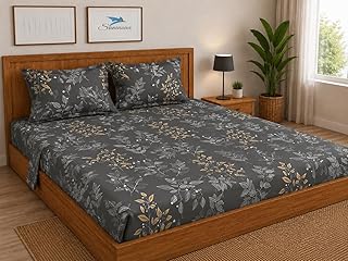 250 TC Glace-Cotton All Around Elastic Fitted Bedsheet, Elastic Fitted Bedsheet King Size Bedsheet for Double Bed with 2 Pillow Covers, Size - 72 x 78 x 8 Inch Color Grey