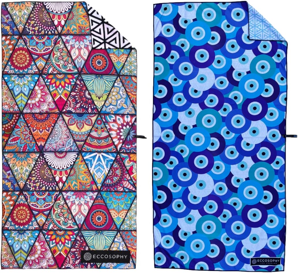 ECCOSOPHY Bundle of 2 Large 71x35 inch Microfiber Beach Towels with Travel Pouch. Designed to Keep You Sand Free and Comfortable.