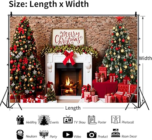 Miniatura 4 de Telón de fondo de chimenea de Navidad de 7 x 5 pies, árboles de Navidad, calcetines de Navidad, cajas de regalo, pared de ladrillo, fondo de