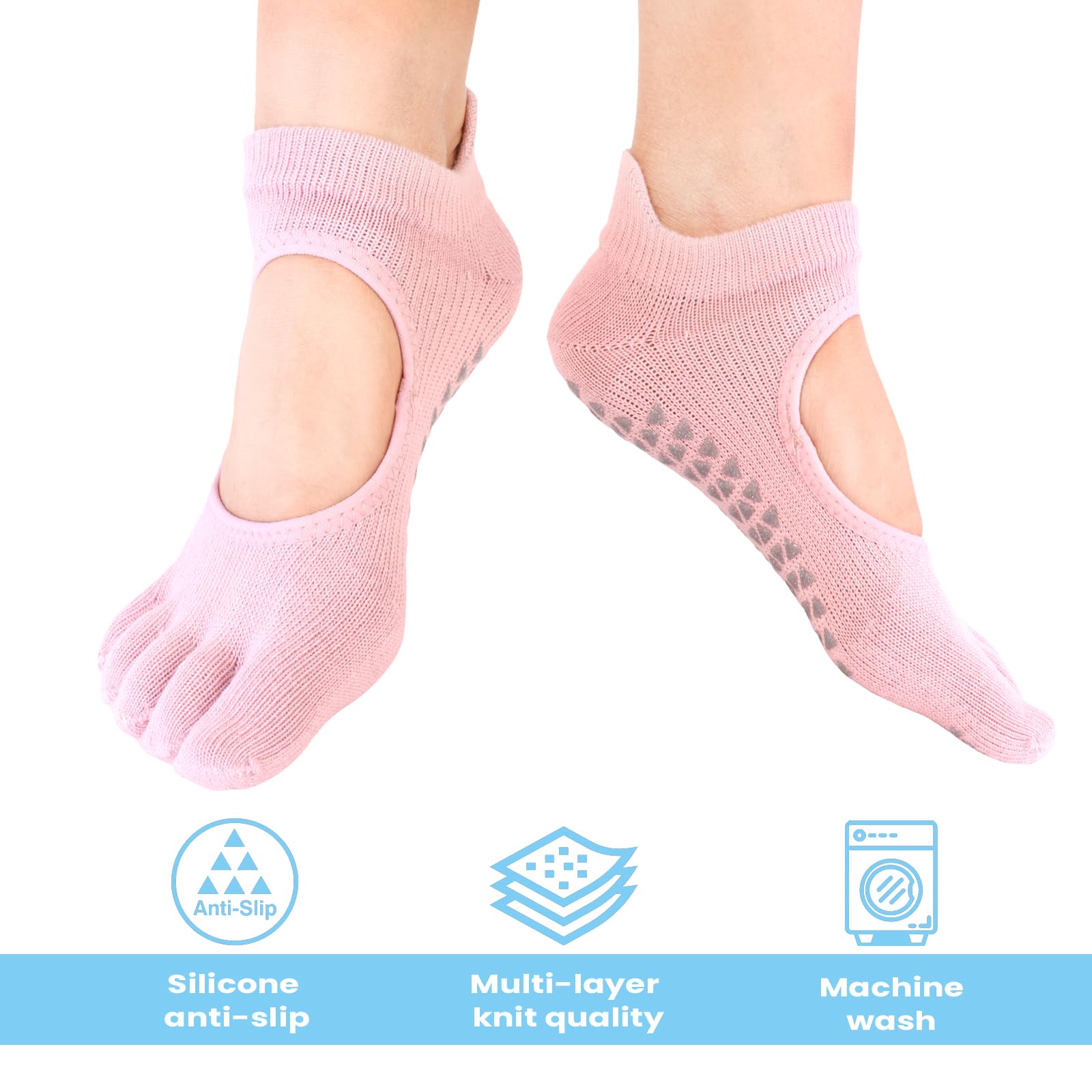 6 Pairs Women's Non-Slip Yoga Socks with Grips – Anti-Slip Silicone Grips Five Toe, Breathable Barre/Pilates for Women, Sticky Grip for Yoga, Pilates, Barre Classes (Same Size Fits Most)