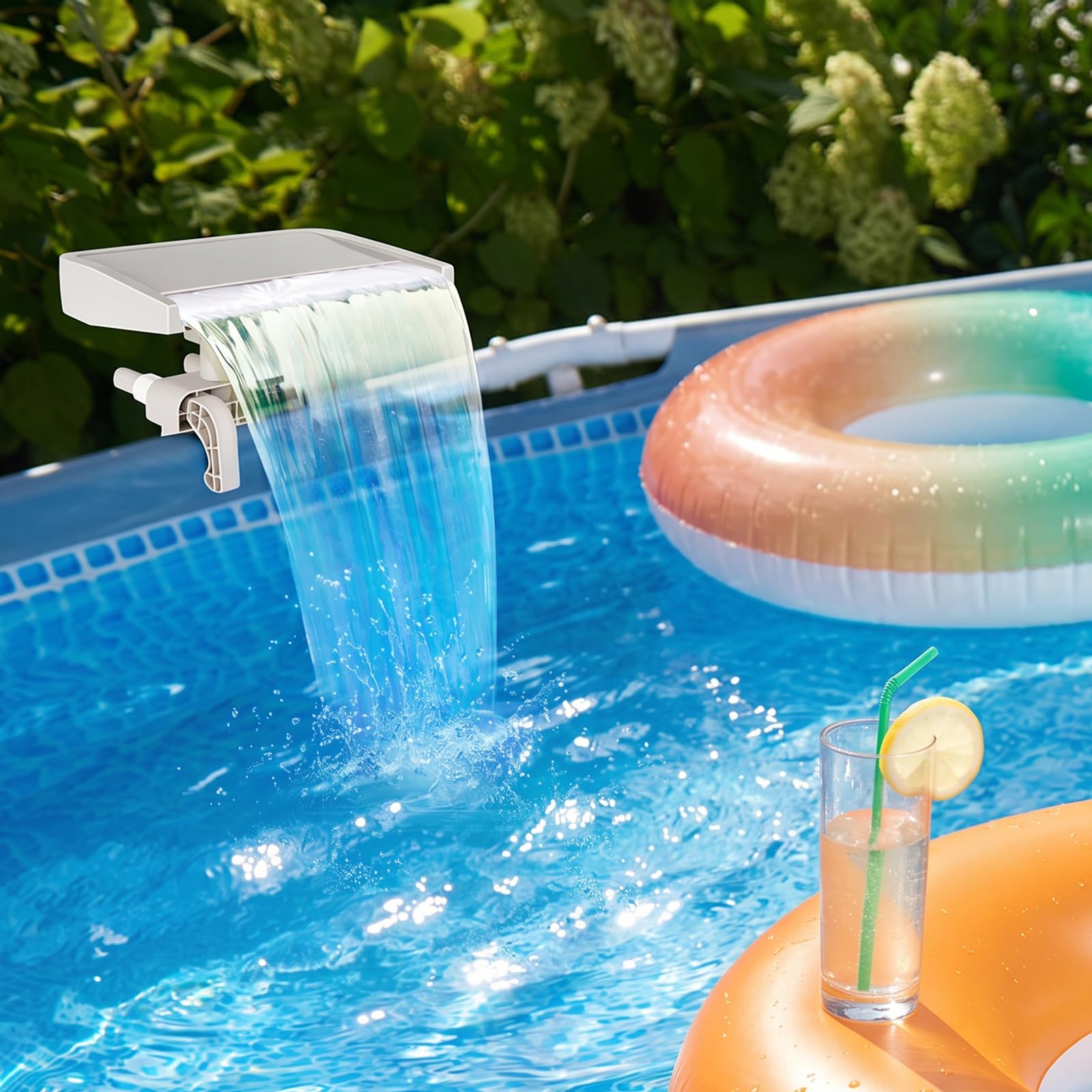 Hanaoyo Poolbrunnen Wasserfall für oberirdische Becken, sanft fliessender Poolwasserfall, Zubehör für oberirdische Pools, kühlende und entspannende Poolbrunnen für Außendekoration, Schwimmbecken