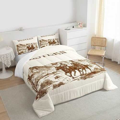 Miniatura 6 de Manfei Western Cowboys - Juego de edredón para niños, tamaño matrimonial, juego de ropa de cama retro con plantas del desierto de cactus, decoración
