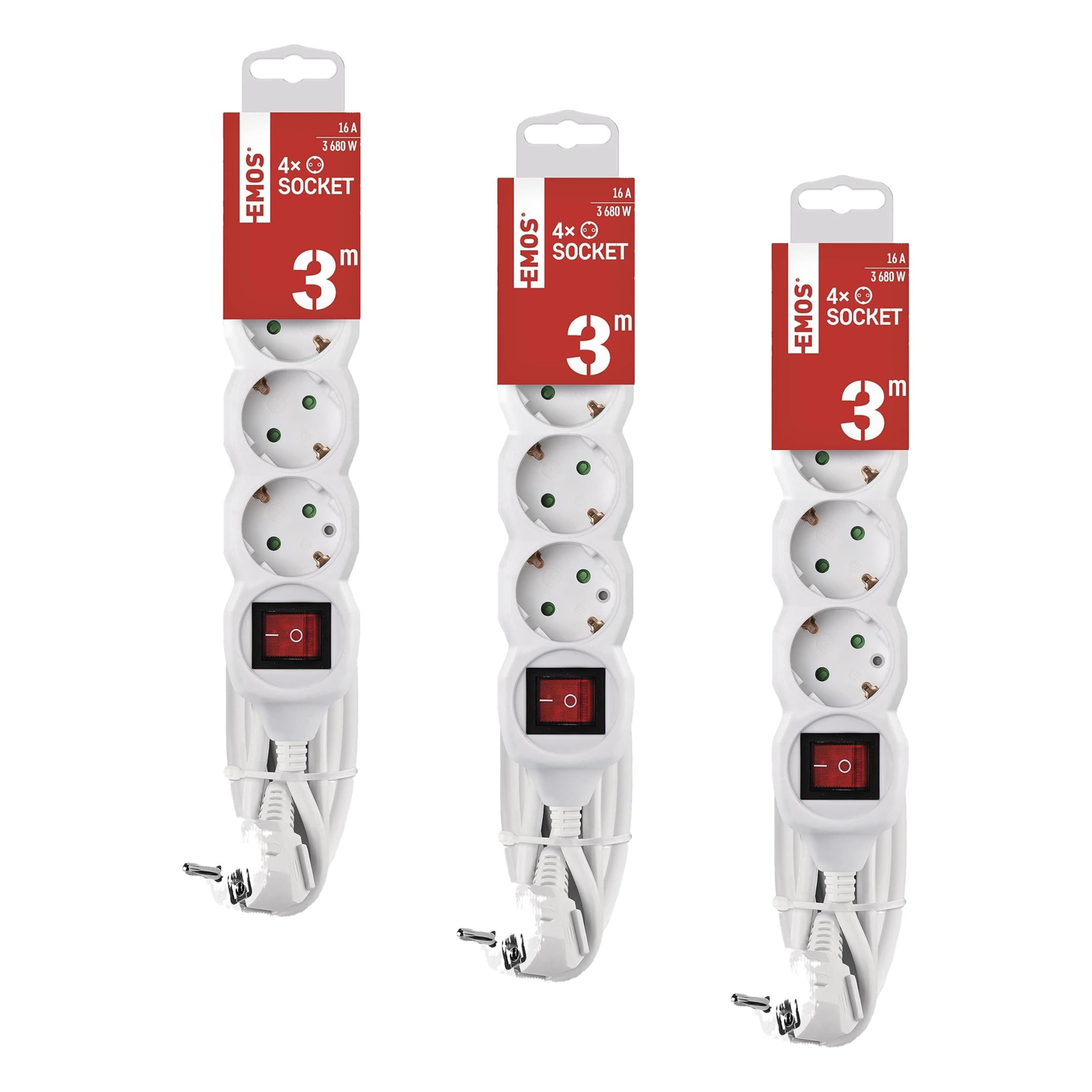 EMOS P1423R Steckdosenleiste 4-Fach mit Schalter, 3 m Kabel, weiß, Steckdosen 45° gedreht, 1,5 mm, Schuko Mehrfachsteckdose mit Kindersicherung, IP20 für Innenbereich (Packung mit 3)