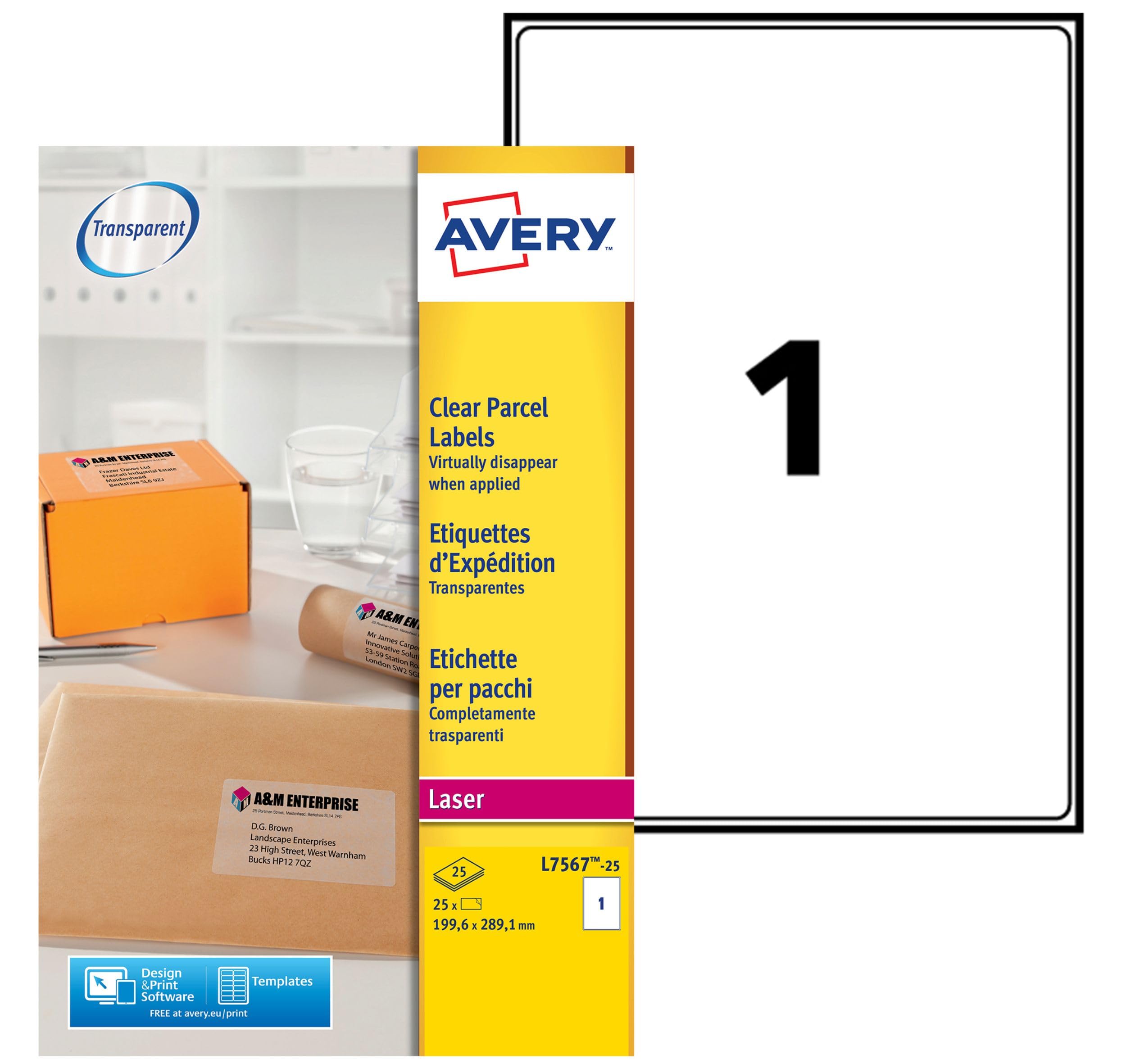 AVERY L7567-25 Pochette de 25 Étiquettes Transparentes Autocollantes, Format 210 x 297 mm, Impression laser