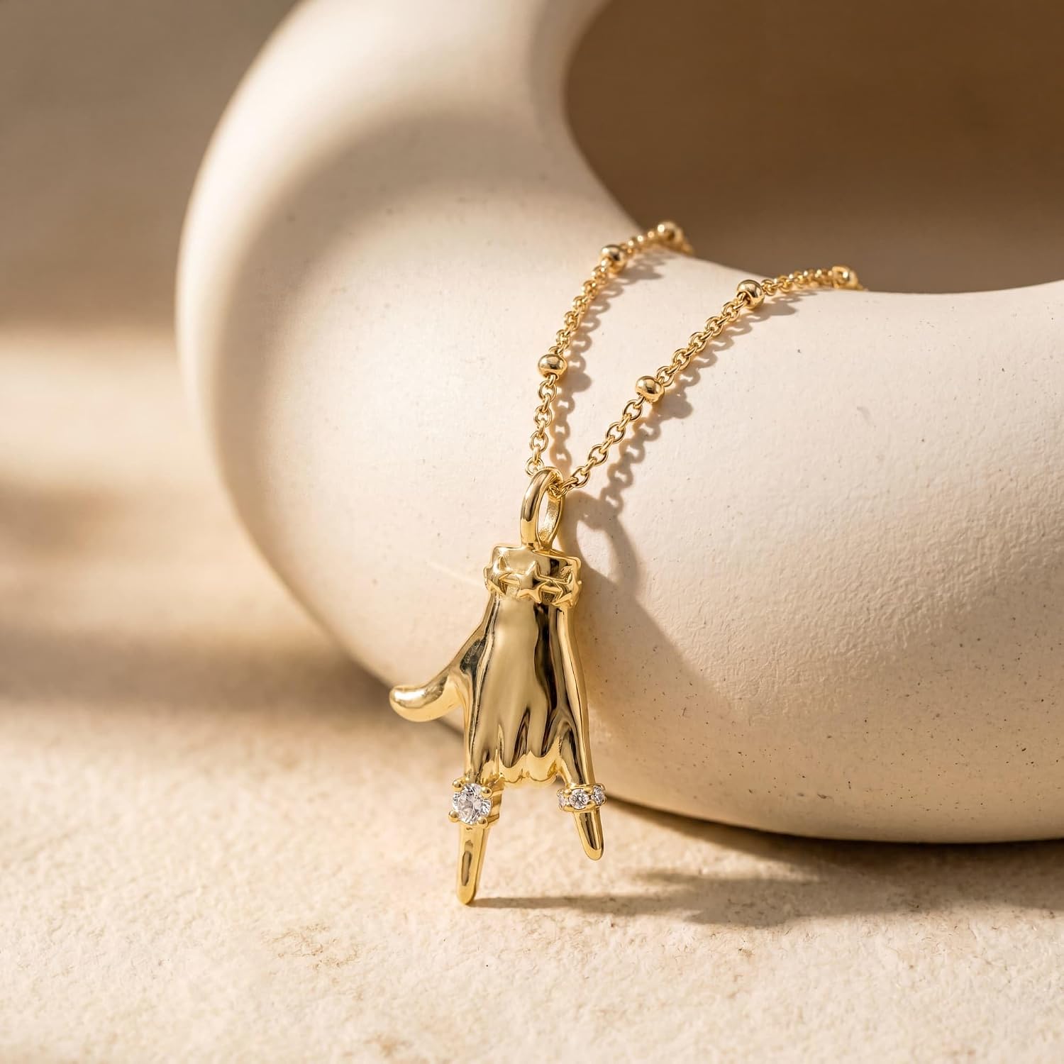 MYEARS Gold Pendant Necklace for Women 14K Gold Plated Cubic Zirconia Funny Hand Sign Charm Statement Western Jewelry Trendy Meaningful Gifts