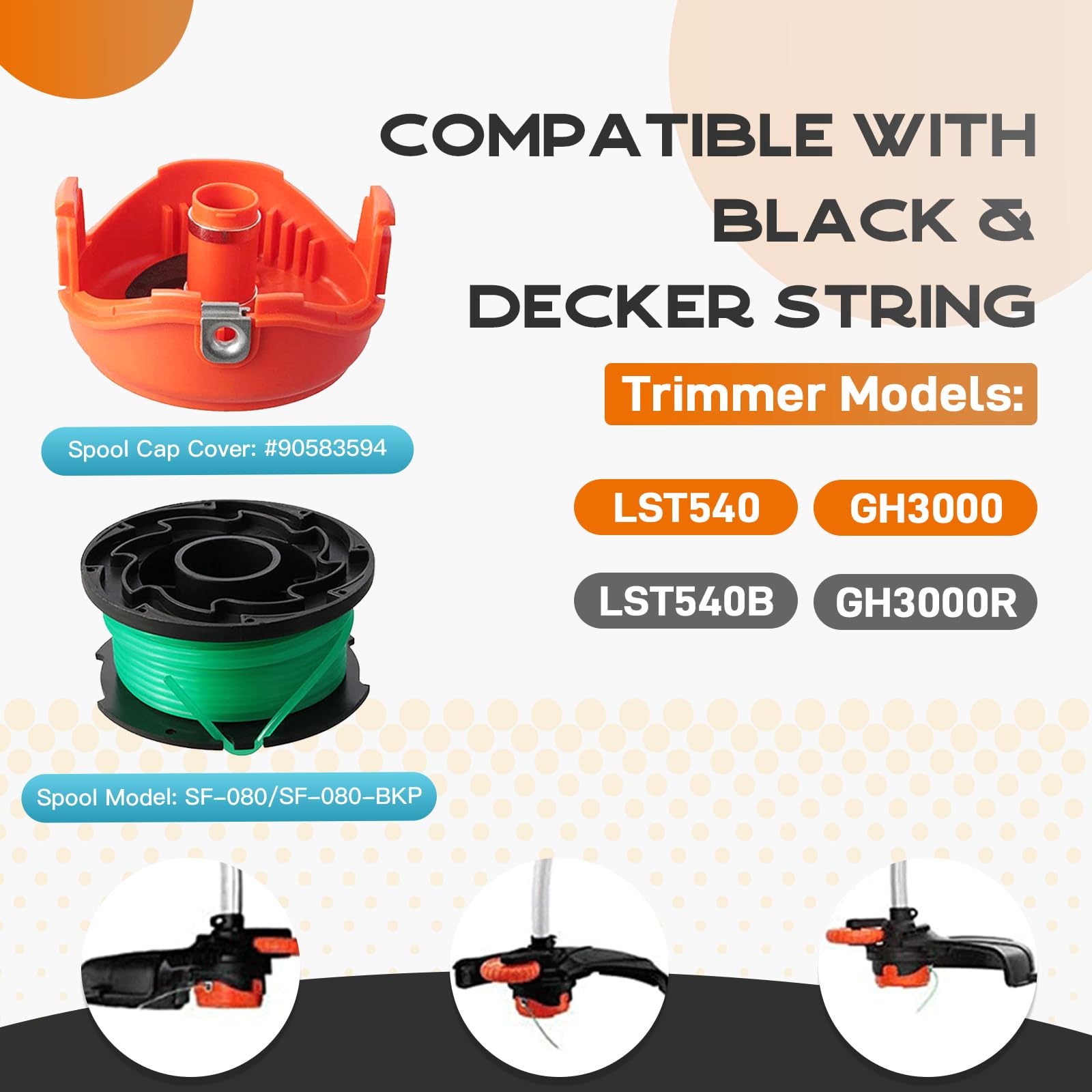 SF-080 SF-080-BKP Lot de 5 bobines de rechange pour débroussailleuse Black and Decker GH3000 GH3000R LST540, SF080 - 6,1 m - Avec cache-capuchons 90583594 (4 bobines, 1 capuchon)