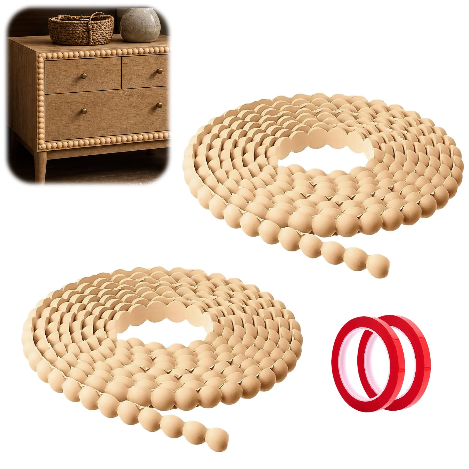 Thhiit 6m Wood Beading Trim, Self Adhesive Wooden Unfinished 3D Bobbin Beaded Trim for DIY Wall Panelling Furniture Shelf