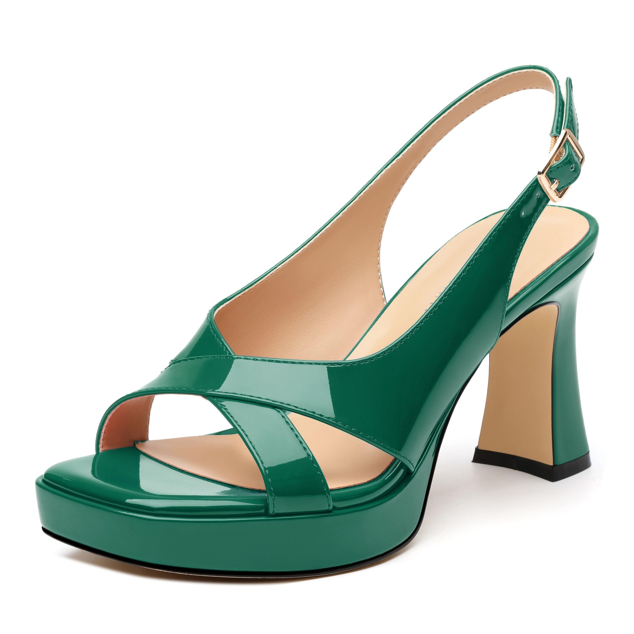 GOFOURTHAT Platform Heels for Women 3.2 Inch Chunky Block Heels Sandals Open Toe with Slingback Ankle Strap Wedding Party Dress Comfortable Shoes