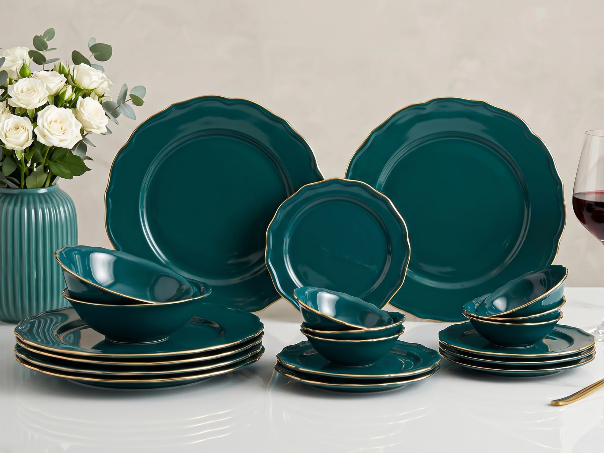 Bodhi House Chip-Resistant 20-Piece Gold Rim Porcelain Dinner Set, Teal - Pack of (6F+6S+6K+2SB) - Teal Gold Rim