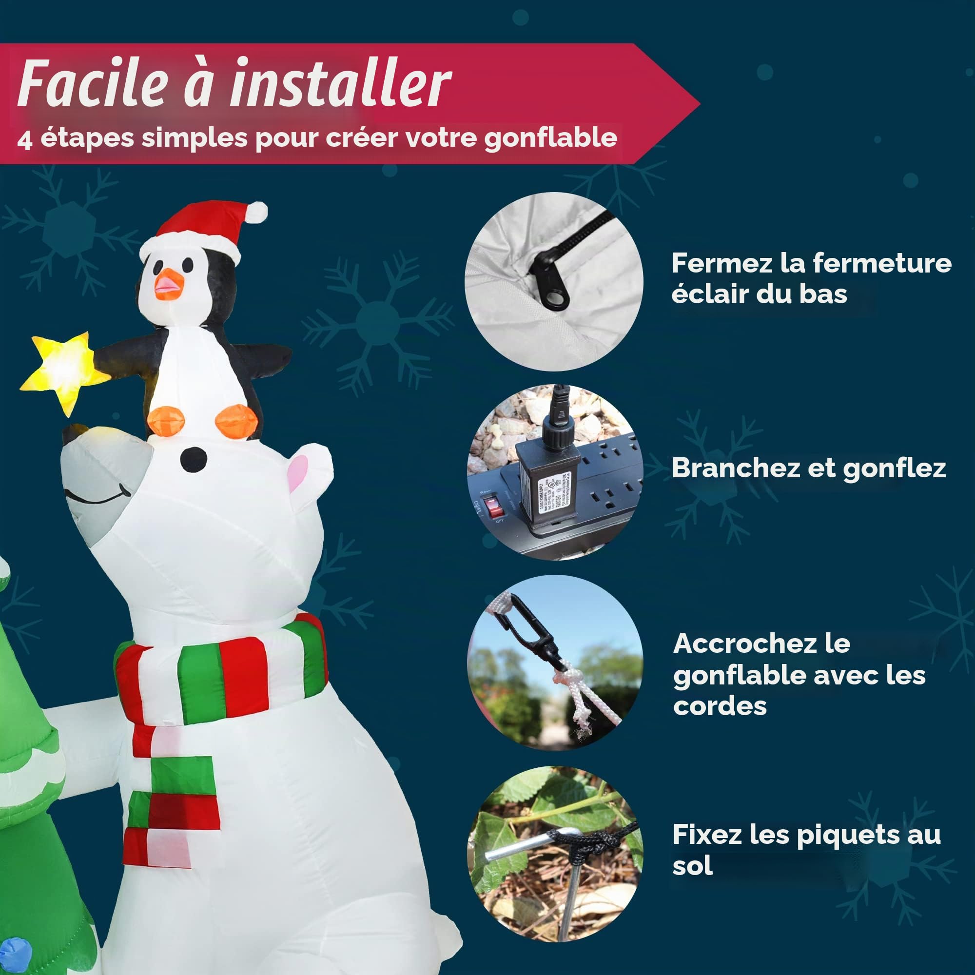 Joiedomi Ours Polaire Gonflable de 1,8 m avec Pingouin et Sapin de Noël avec LED intégrées pour fête de Noël en Plein air, Cour, Jardin, décoration d'hiver