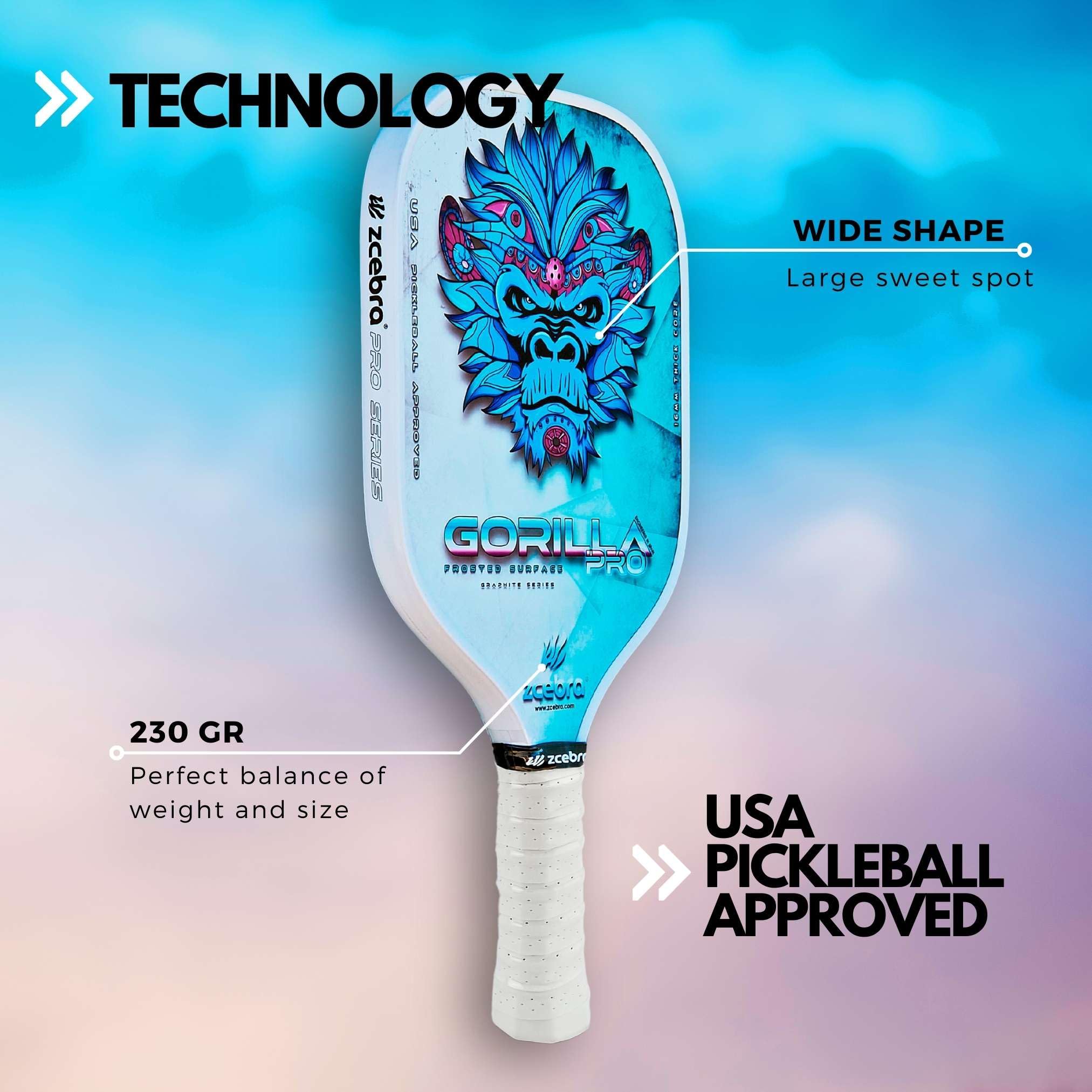 Zcebra Gorilla Pro – Raquette Pickleball Graphite – Noyau 16 Mm – Surface Texturée Givrée – Housse Néoprène – Homologuée USAPA