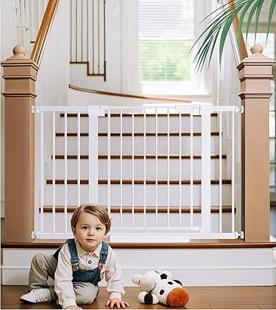 Cumbor 29.7-48" Baby Gate for Stairs, Mom's Choice Awards Winner-Dog Gates for Doorways, Auto Close Safety Pet Gate for Dogs Indoor, Easy Install Pressure Mounted Child Gate with Walk Thru Door, White