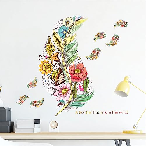 Miniatura 3 de Hermosas calcomanías de pared de mariposas de plumas coloridas, calcomanías de pared de sacinora Plume Art, vinilo extraíble para despegar y pegar