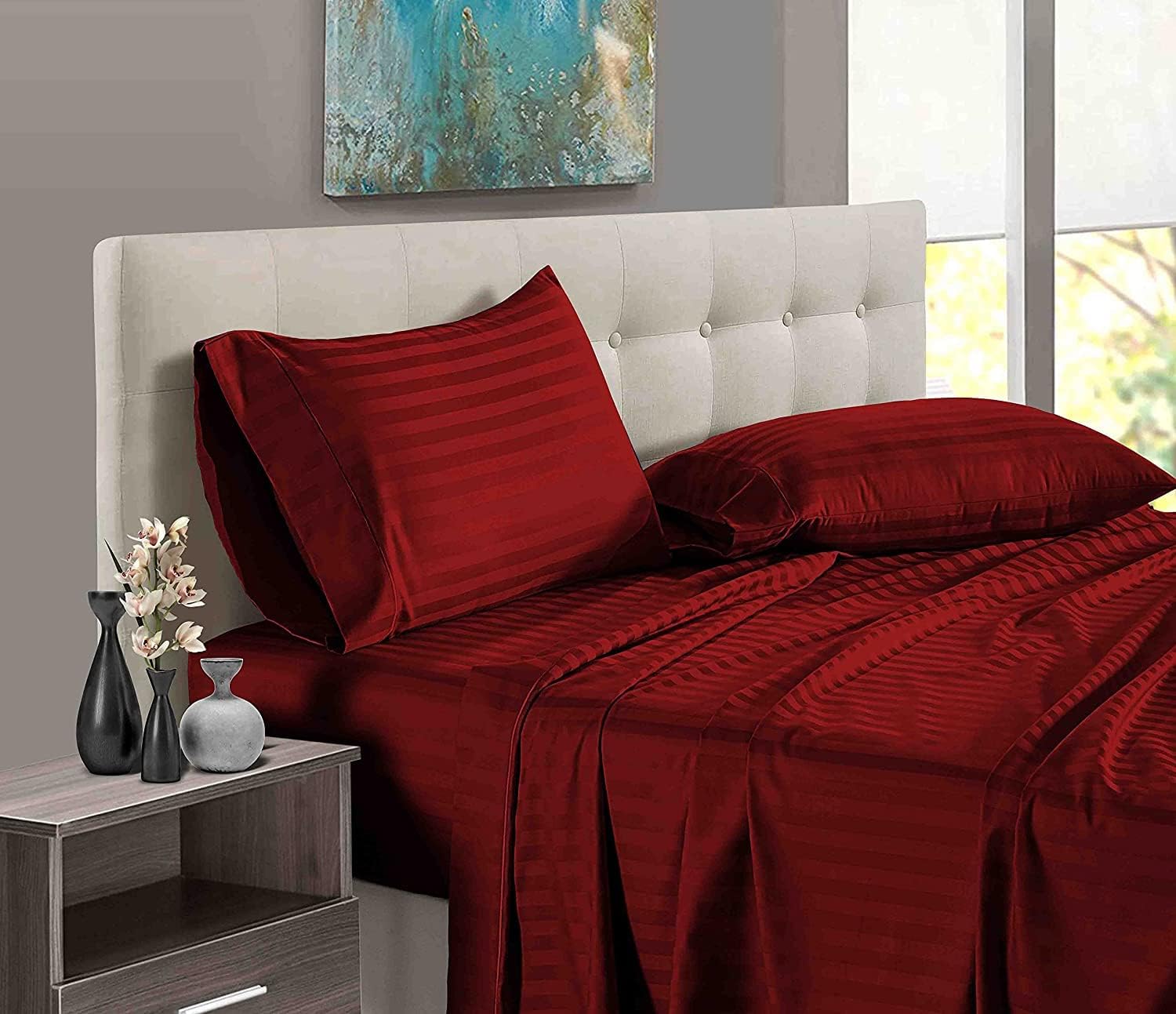 4 Piece Sheet Set - Hotel Luxury 600 Thread Count Sheets & Pillowcases Bedding Fits Upto 18" Mattress -100% Egyptian Cotton 4 Piece Set - Burgundy Stripe, King Size.