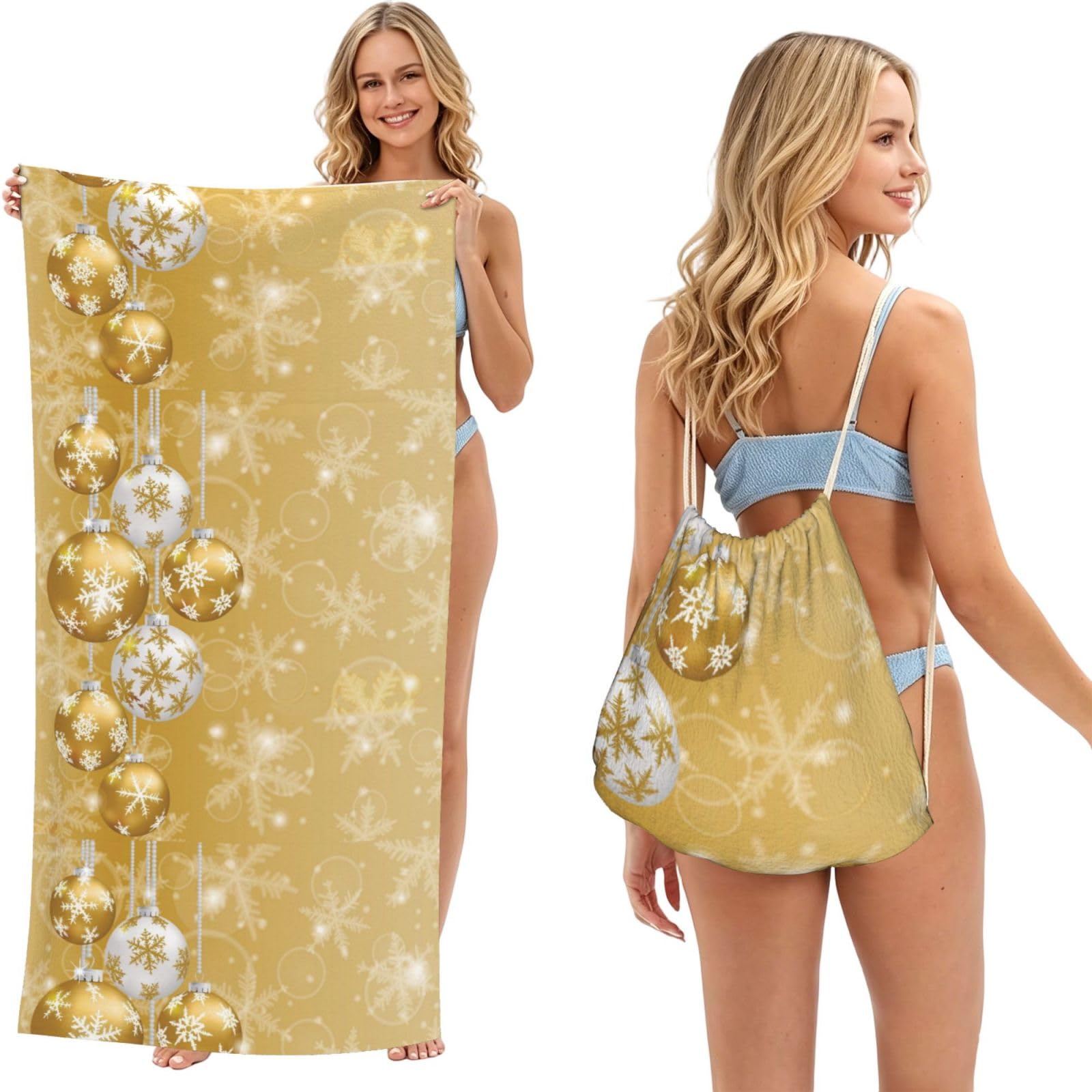 Poadnly As Picture Gold Christmas Ball Snowflake Xmas, 2 In 1 Packable Towel Bag, Beach Towels With Drawstring Backpack For Travel Holiday Camping