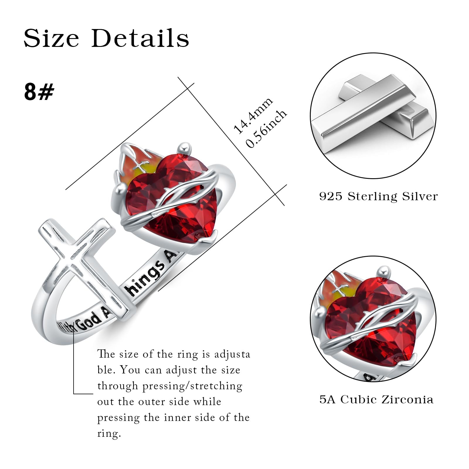 Anillo de corazón de plata de ley 925, anillo abierto ajustable de oro/negro/oro blanco, cruz de Jesús, anillos cristianos para mujeres y niñas, regalos de Navidad